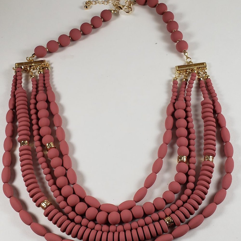 Matte Coral Multi-Strand Necklace & Earrings Set – Gold Beaded Layered Statement - Picture 6 of 13